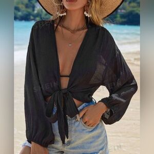 $15 NWT 
SHEIN Swim Summer Beach
Solid Bishop Sleeve Knot Hem Kimono